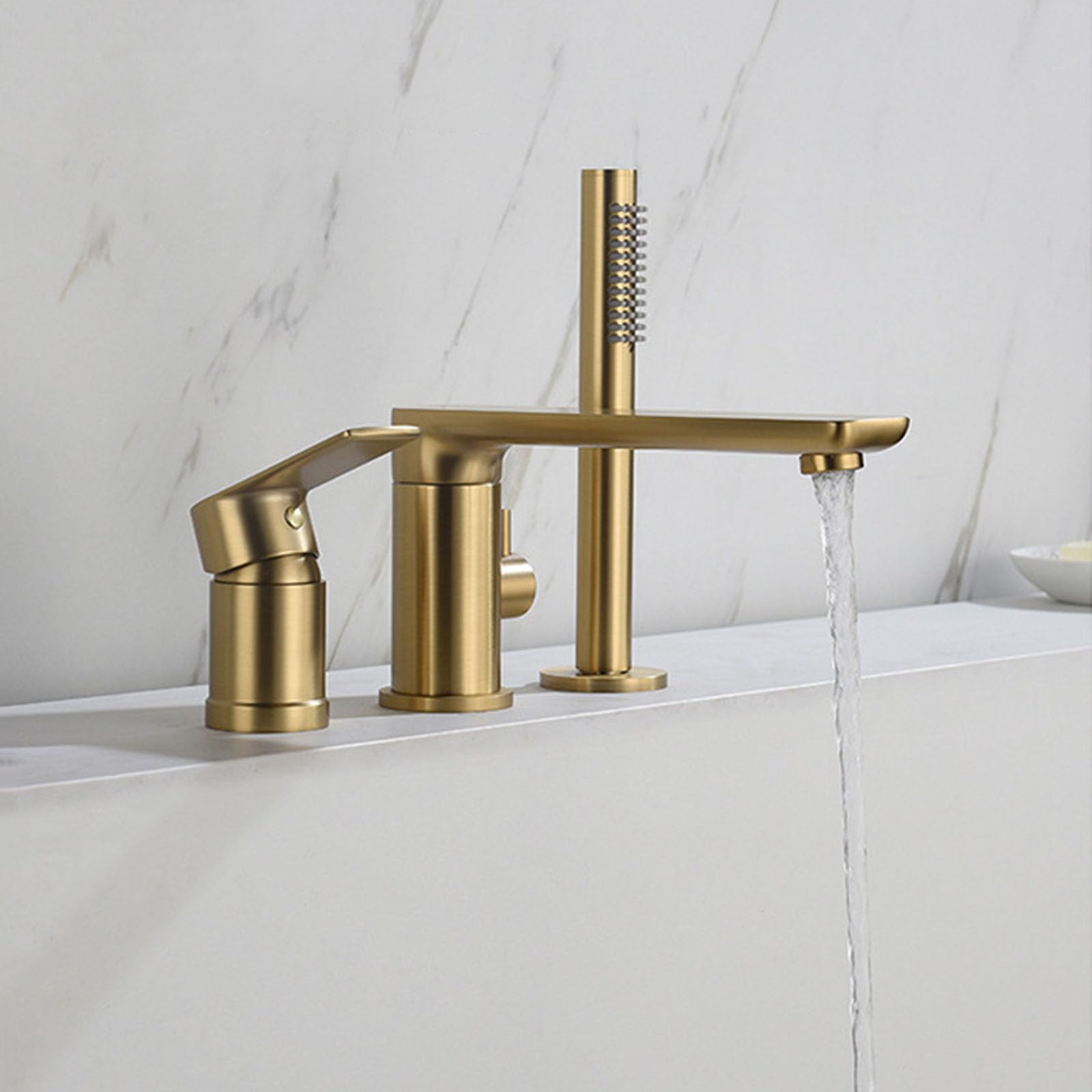 Robinet de bain 3 trous or brossé avec douchette ensemble eau chaude et froide LWX