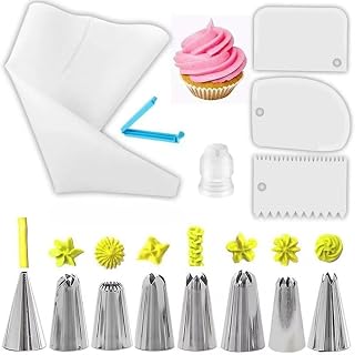 Piping Bag Set, 1 x Reusable Piping Bags, 8 Nozzles, 1 x Coupler, 3 x Cake Decorating Scrapers, Cake Accessories, 1 x Cake Fastener Clip
