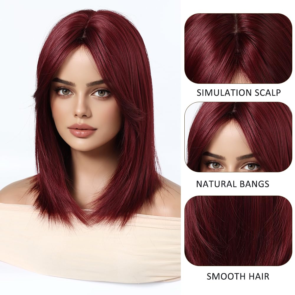 Esmee Short Straight Burgundy Bob Wigs With Curtain Bangs Shoulder Length Natural Wine Red Wig Synthetic Daily Party Cosplay Wigs for Women - Image 3