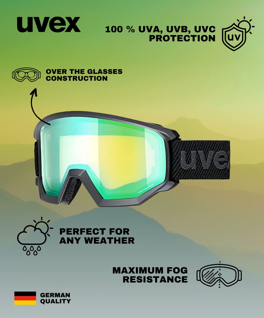 uvex athletic FM - gogle narciarskie unisex - powiększony zakres widzenia bez efektu zaparowania - wentylacja ramki bez podwiewania powietrza - black matt/green-LGL - one size