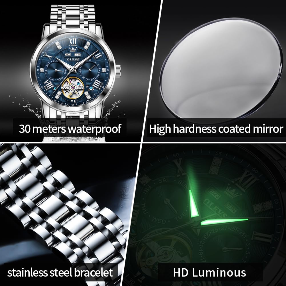 OLEVS Herren Automatikuhr Diamanten Tourbillon Skelett Luxus Edelstahl-Armbanduhr mit Kalender, 30M wasserdicht Leuchtzeigern Mechanische Selbstaufzugsuhr für Business/Abendmode im Geschenkbox