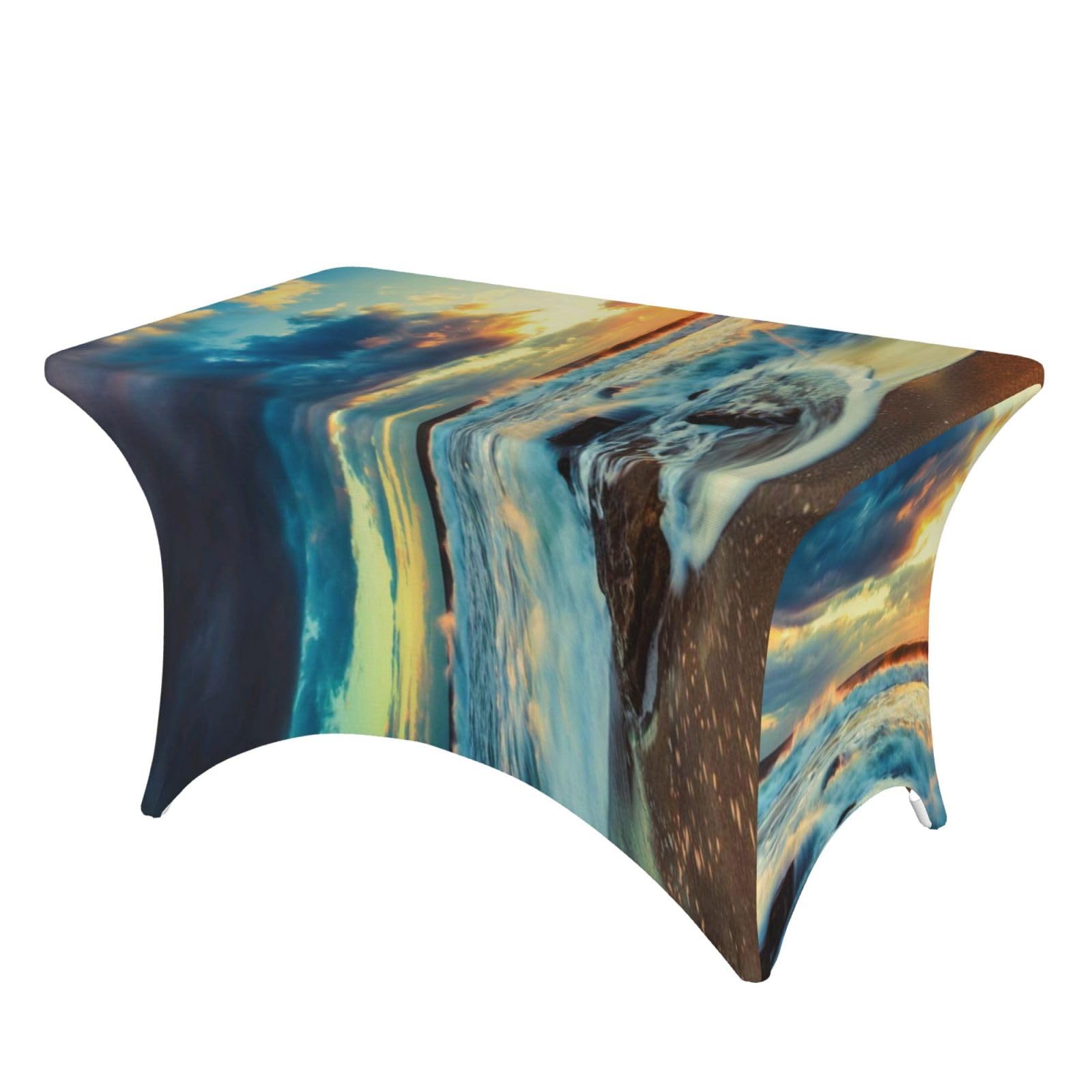 Dcehgew Sunset Beach 4Ft Spandex Rectangular Table Cloth, Printed Fitted Elastic Tablecloths Washable Table Cover For Event, Wedding, Banquet & Party