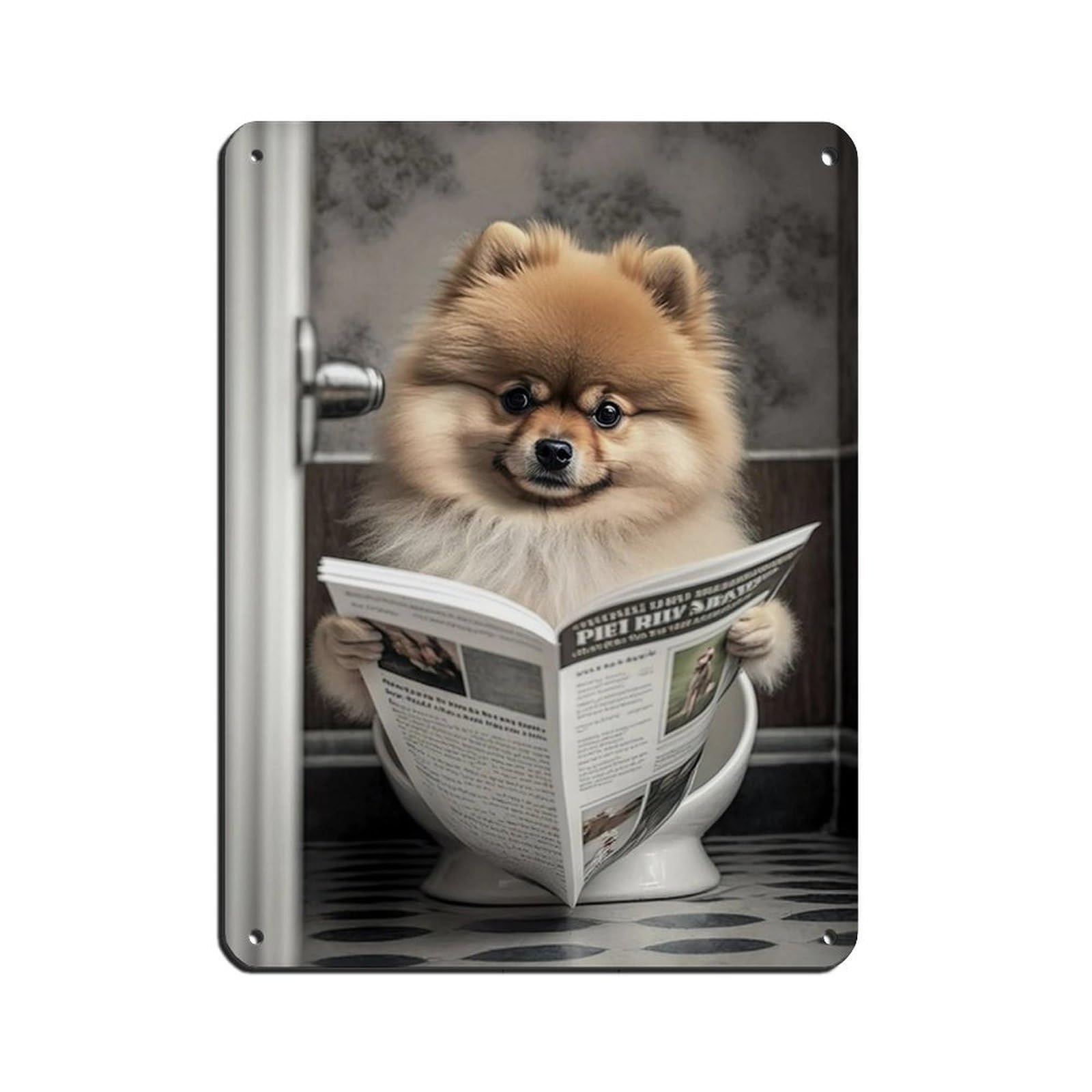 Pomeranian Sitting on The Toilet Reading A Newspaper Tin Sign Vintage Metal Pub Club Cafe Bar Home Wall Art Decoration Poster Retro 12x16inch(30x40cm)