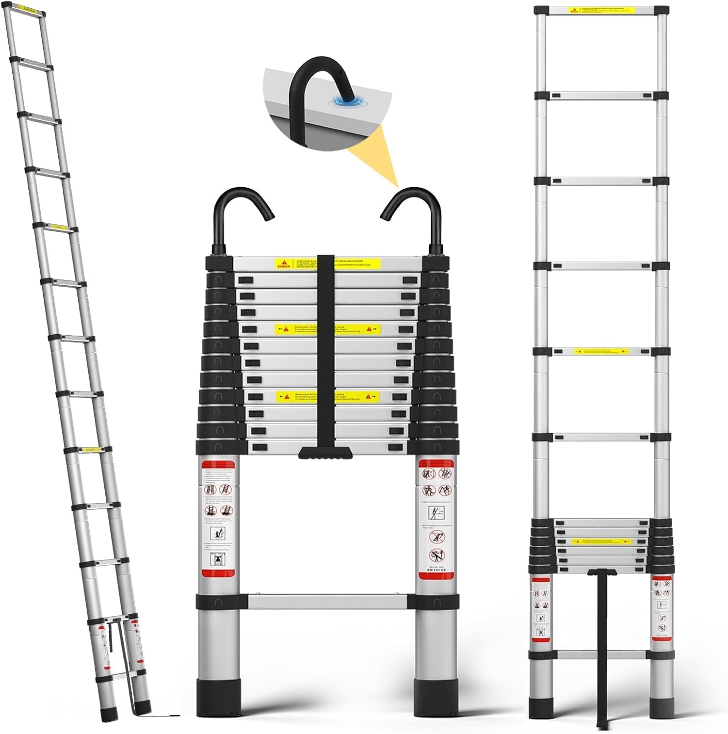 16.5 FT Telescoping Ladder Aluminum Telescopic Ladder with 2 Detachable Hooks and Non-Slip Feet,5m Collapsible Ladder Multi-Purpose Ladders for Home Use and Outdoor Working,330 Lb Capacity,EN131