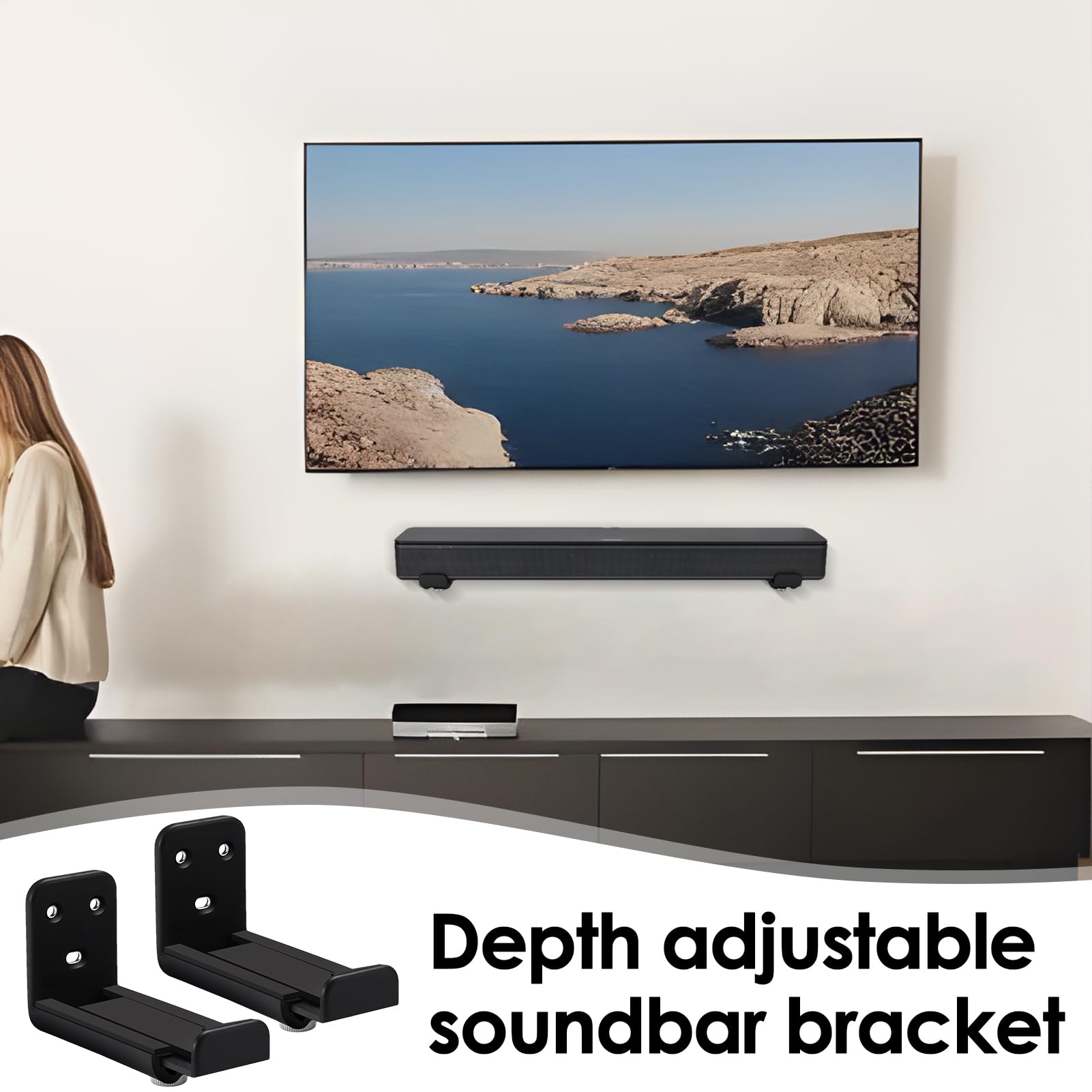 Uchwyt na soundbar pod telewizorem | Pływająca półka ścienna, 8-14 cm, regulacja głębokości, zestaw stojaków na soundbar, do domu, salonu, pod telewizorem, sypialni, hotelu