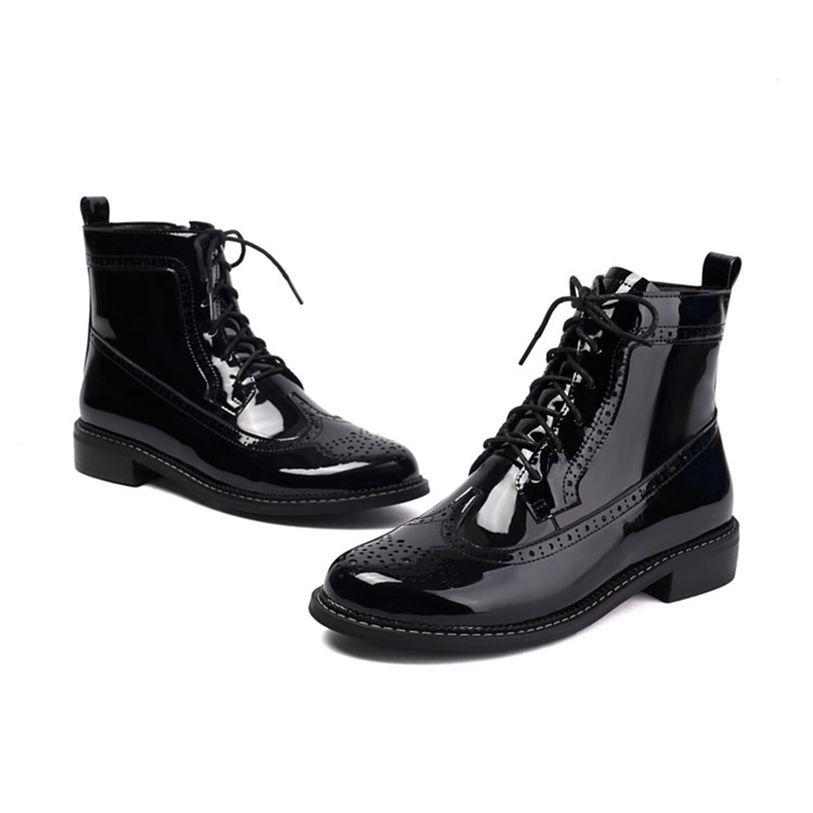 Women Patent Leather Wingtip Brogue Block Heel Combat Boots Comfort Lace Up Round Toe Side Zipper Dressy Ankle