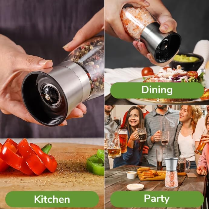 Salt and Pepper Grinder Set, Refillable Pepper Mill Set Short Glass Shakers with Adjustable Coarseness for Peppercorn, Salt or Spice Mills