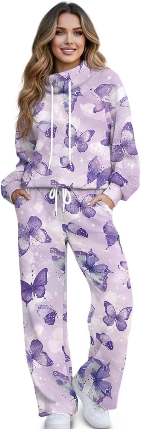 Lounge Sets for Women 2 Piece Outfits Loose Mockneck Sweatpants and Wide Leg Pants Track Suit with Pockets