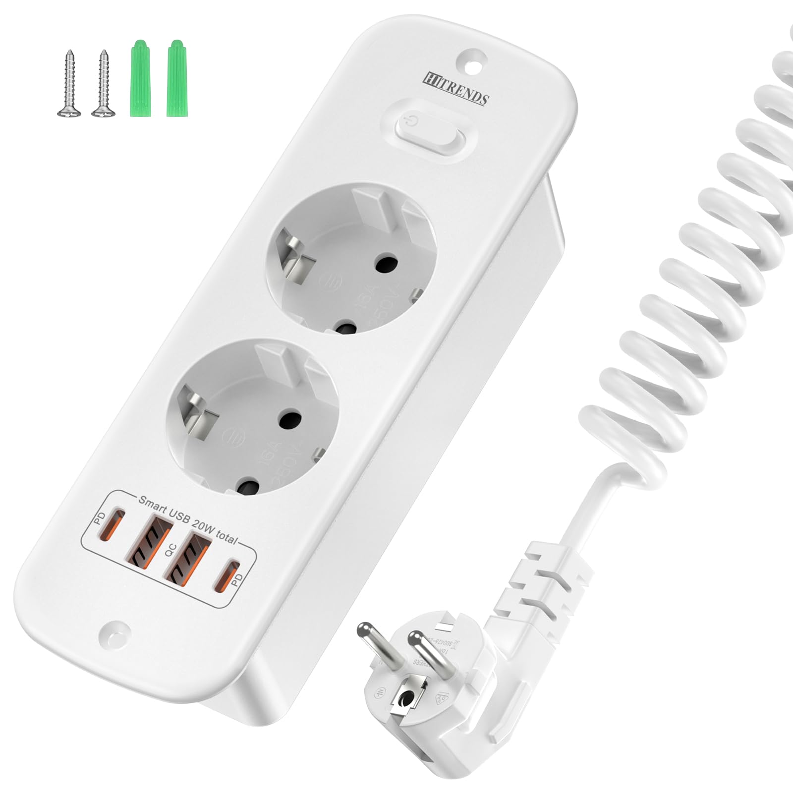 Tischplatte Versenkbare Steckdose mit USB C PD20W, 2 Fach Einbausteckdose, 2m Spiralkabel Federkabel, 230V/16A, Einbau Steckdosenleiste für Büro Homeoffice Küche - Weiß