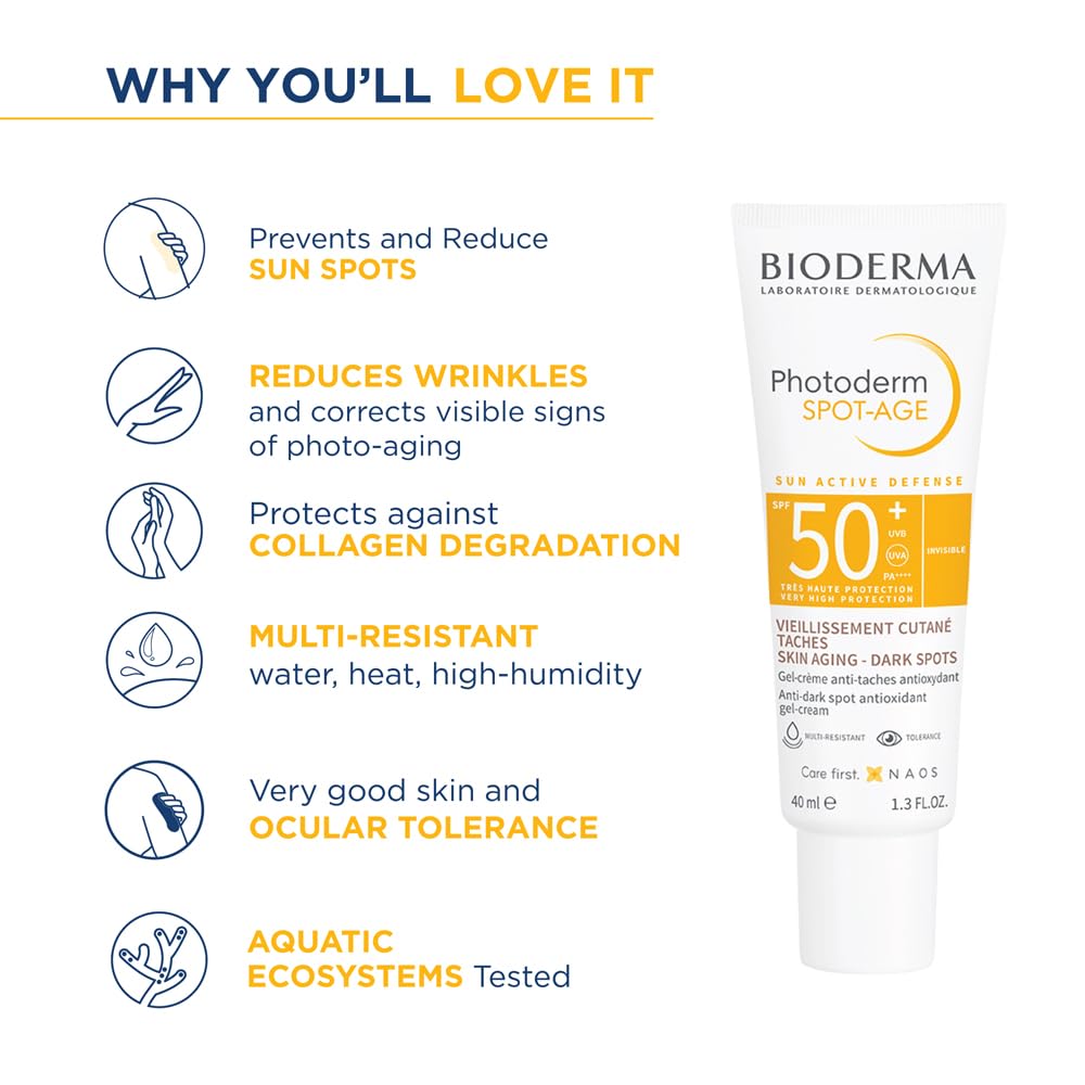 BIODERMA Photoderm Spot-Age SPF50+ Crème solaire très haute protection - Riche en antioxydants, réduit taches brunes et rides - Peaux hyperpigmentées - Recommandée par des dermatologues - Tube 40 ml