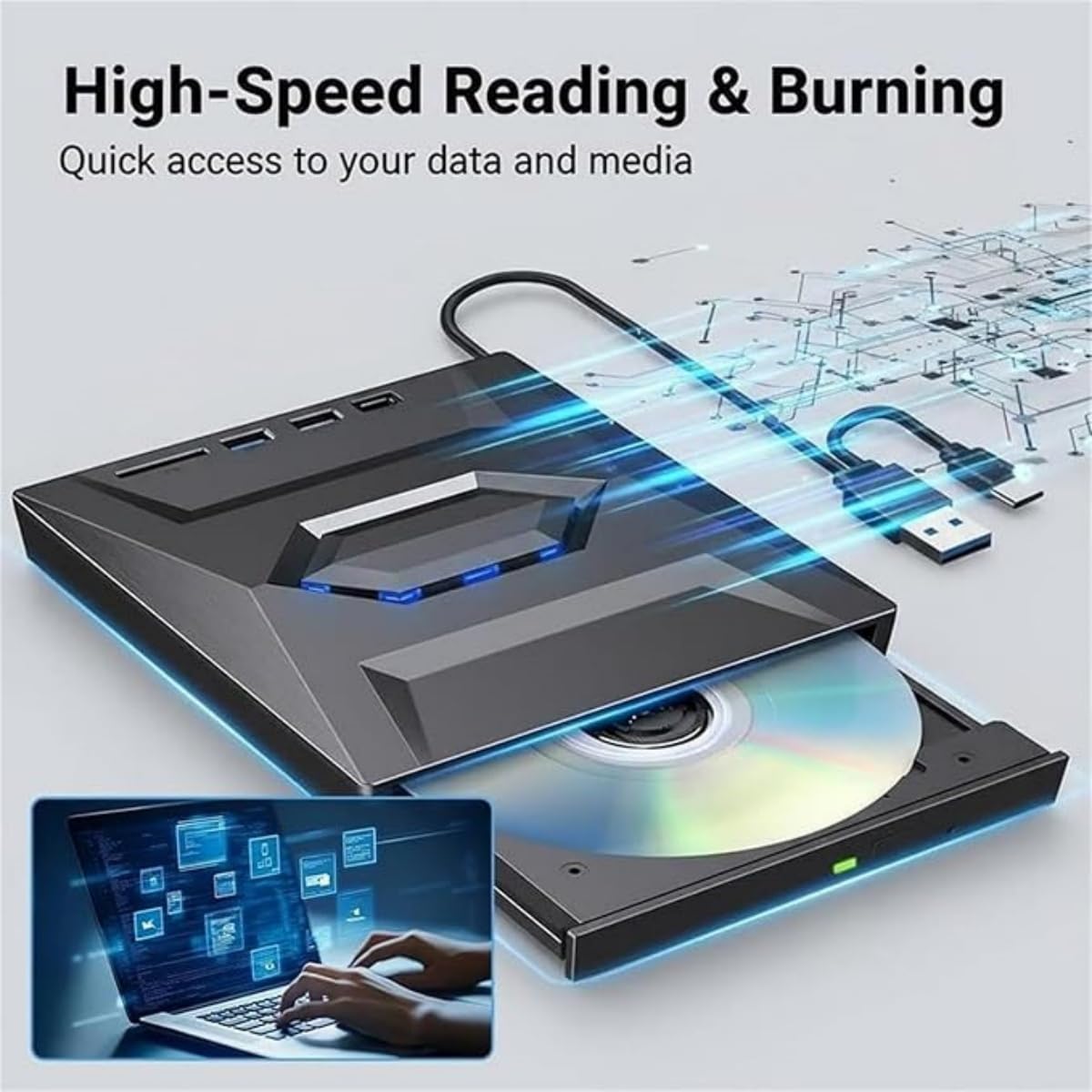 7-in-1 Externes USB-DVD-Laufwerk & Blu-ray-Player, USB C 3.0 Typ-C Tragbarer BD/DVD/CD-Brenner, Lesegerät mit 3 USB-Ports, Hub & SD/TF-Kartenleser, 6 x Blu-ray-Laufwerk für Desktop-Laptop