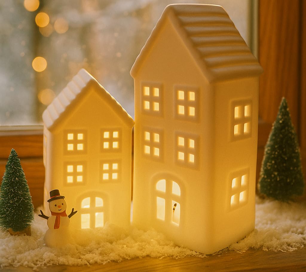 khevga LED Keramik Häuser 2er Set – Weihnachtsdekoration in Weiß mit Timer – Stimmungsvolle Deko für Fensterbank, Tisch & Wohnzimmer