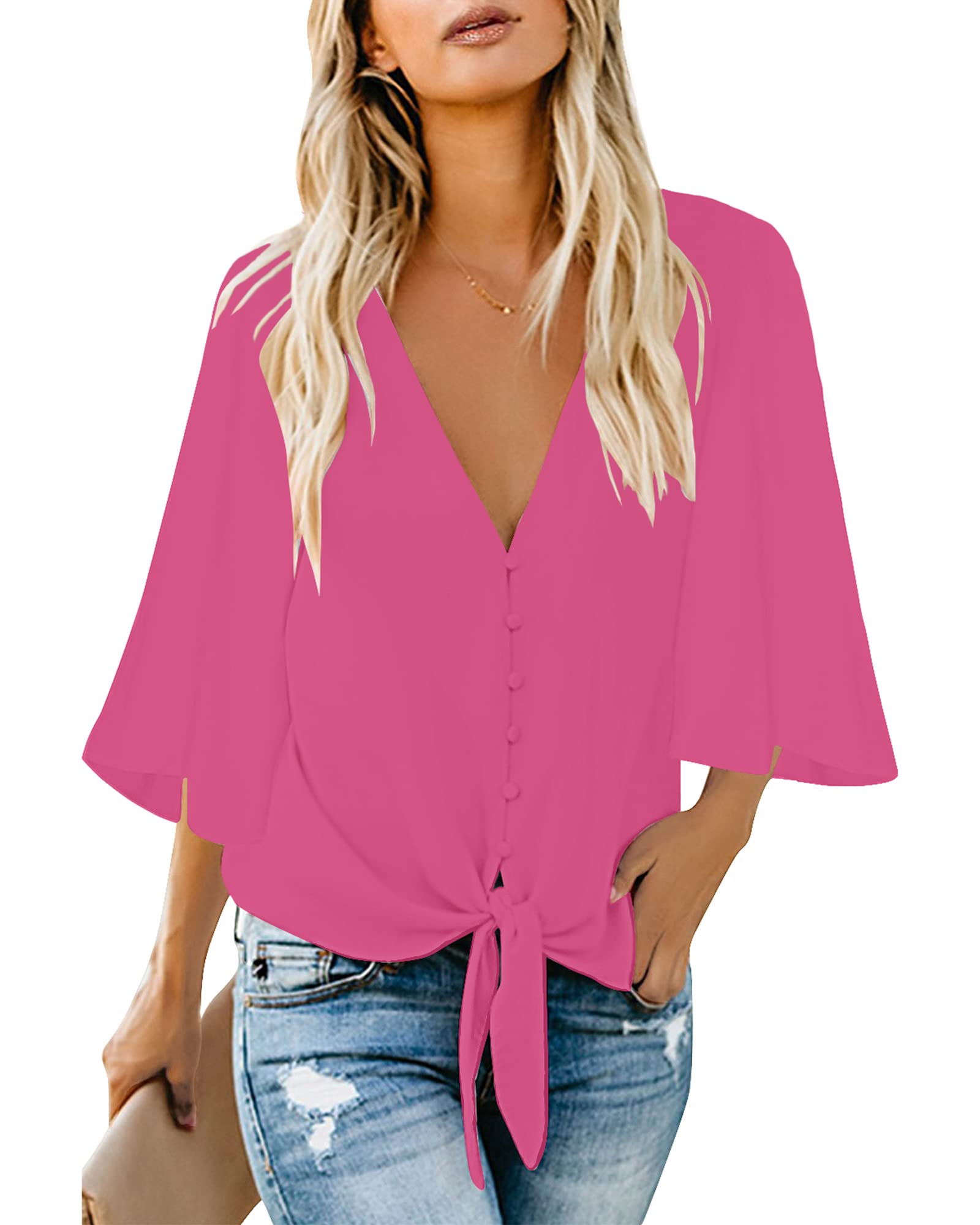 Roskiky Blusa de gasa para mujer, elegante, cuello en V, manga de murciélago, camiseta holgada, con manga 3 y 4