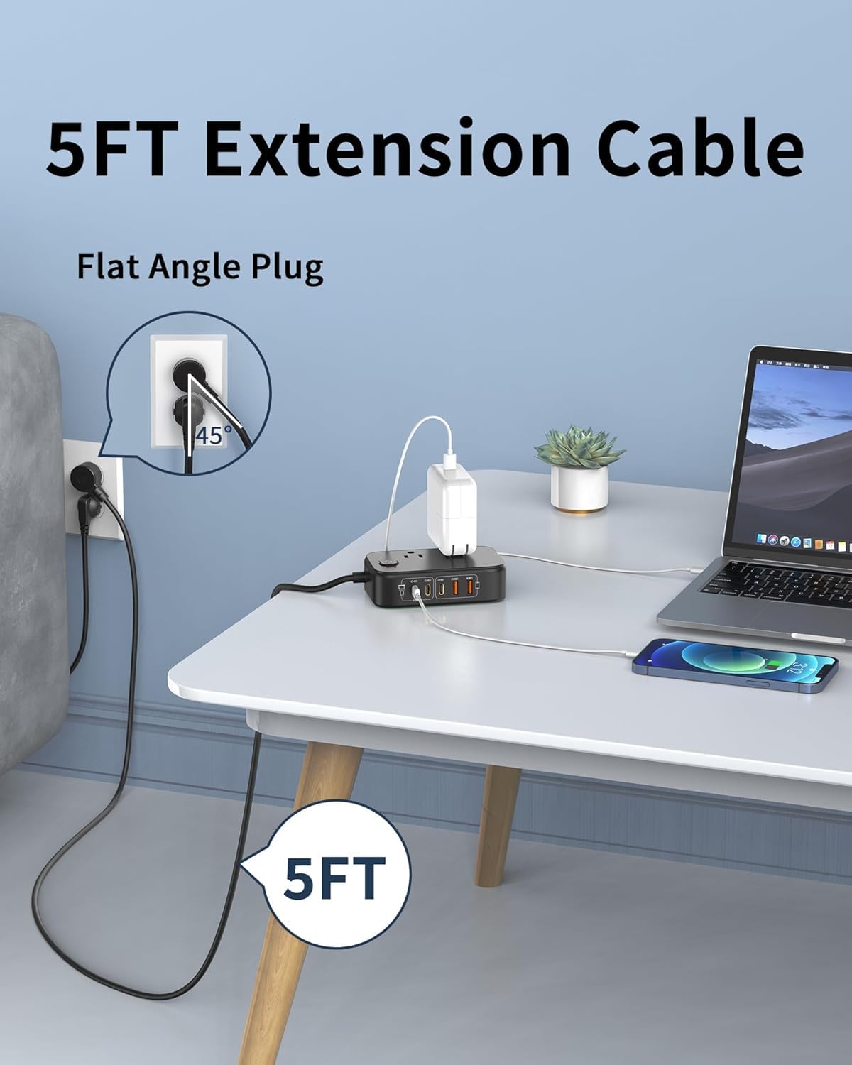Power Strip with USB C Ports, 30W USB C Charging Station with 2 Outlets 3 USB C & 2 USB A, Travel Charger for Multiple Devices, 5FT Flat Extension Cord Non Surge Protector for Cruise Ship Travel Home