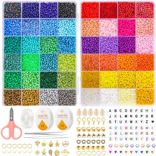 Frendour Perlen für Armbänder 16000 Stück 48 Bunte 3mm perlen Set für Armbänder Halskette Ohrringe Glasperlen mit Smiley und Buchstaben Perlen für Erwachsene DIY-Schmuck Machen