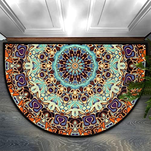 Abstract Mandala Half Round Door Mat Indoor Outdoor Entrance, Boho Mandala Non Slip Doormats, 24 x 36 Washable Semi Circle Floor Mats Area Rugs Welcome Entrance Way Mats for Home Kitchen Patio