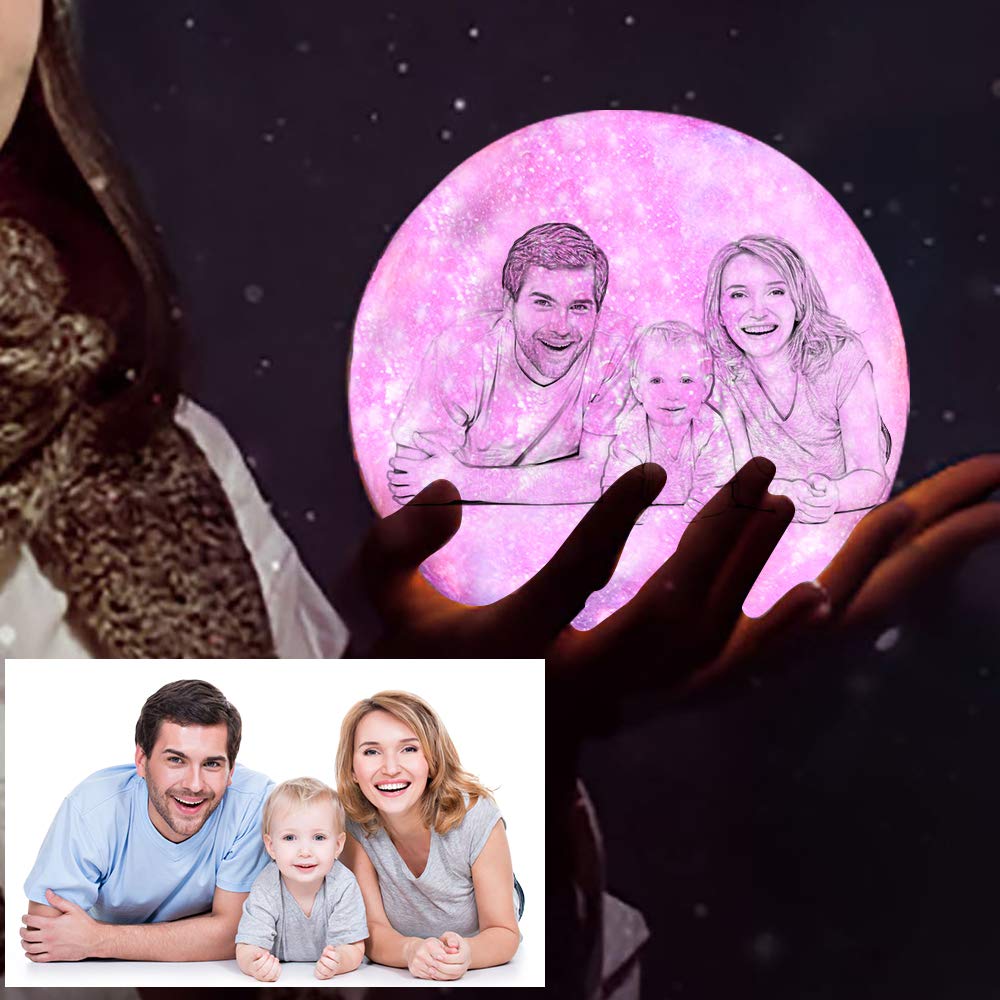 MAYROUND3D Moon lamp Personalized, Customised Night Light with Photo Picture Text - Wooden Stand, Touch Control, USB Charging, Dimmable, Home Decorative Christmas Valentine's Day Gift