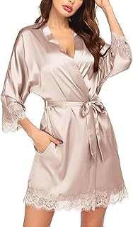 rich lust Women’s Babydoll Silk Short Lace Trim Satin Robe 3/4 Sleeve Kimono Bride Robe Comfy Sleepwear for Wedding Night and Regular use with Pockets-picture-18