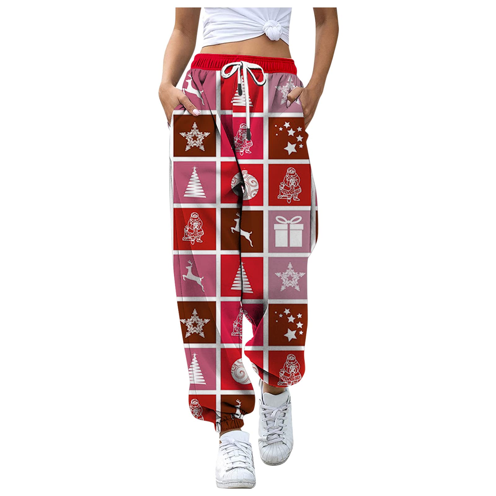 YUNDAN Ugly Christmas Womens High Waisted Sweatpants Comfy Wide Leg Funny Santa Reindeer Graphic Pants Baggy Fall Track Pants Trousers