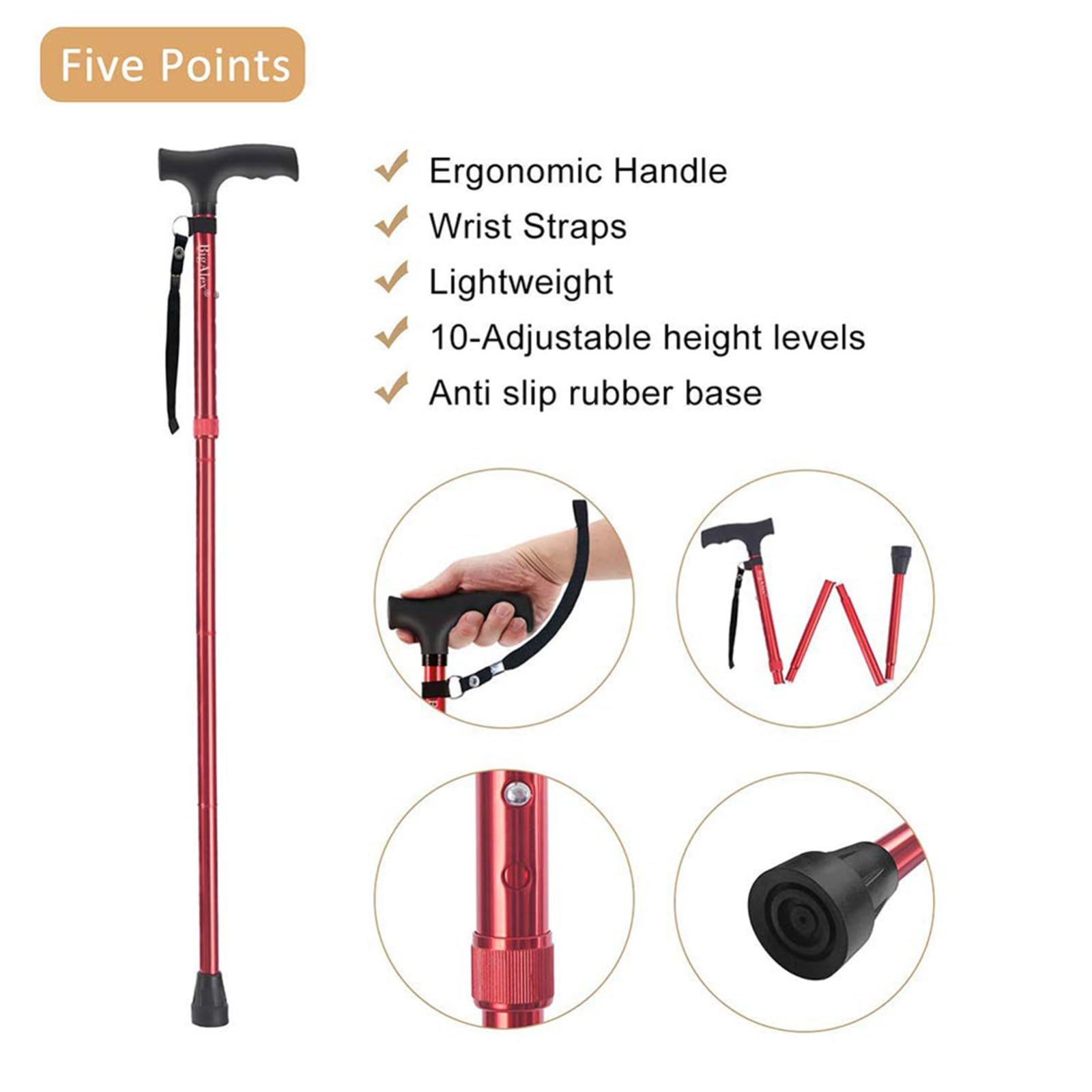 Bastón Plegable en Negro - Portátil - Totalmente Ajustable - Ligero - Bastón de Aluminio Bastón de Senderismo con luz LED - Pie Antideslizante Hermoso Paisaje