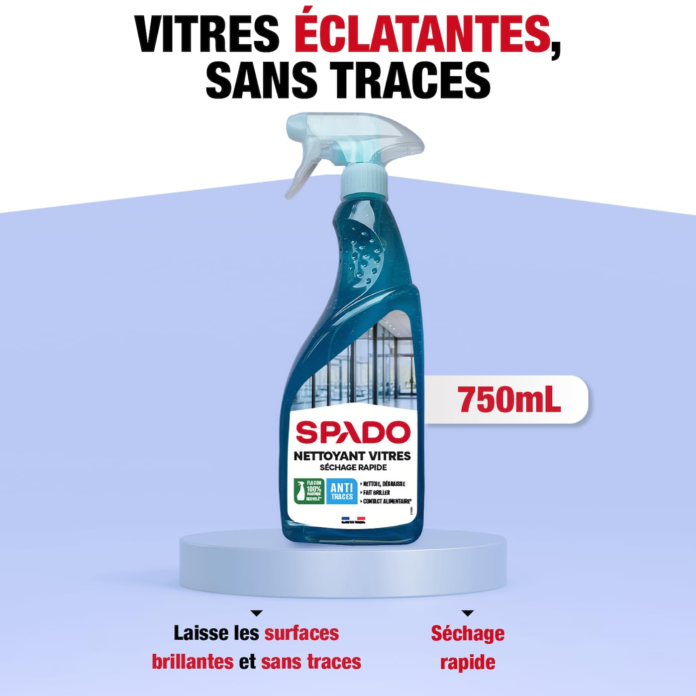 SPADO - Nettoyant vitre - Multi surfaces - Sans traces - Fait briller - Séchage rapide - Contact surfaces alimentaire - flacon 100% recyclé - 750 ML - Fabrication française