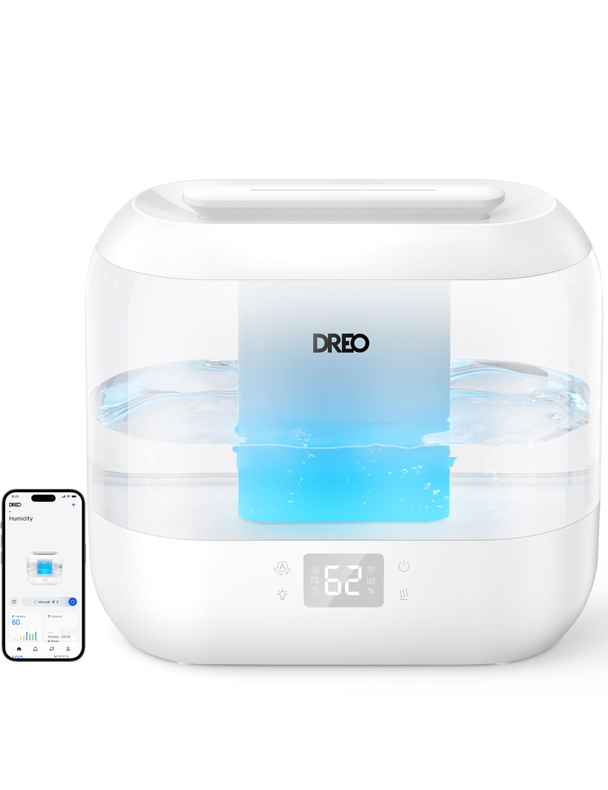 DREO Humidificador inteligente 4L, niebla fría silenciosa 28 dB, sensor de humedad, pantalla LED, difusor de aceites, 36 h autonomía, llenado superior, control app y voz
