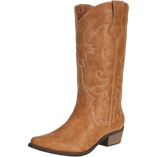 Womens Western Cowgirl Cowboy Boots Mid Calf Snip Toe Fashion Shoes