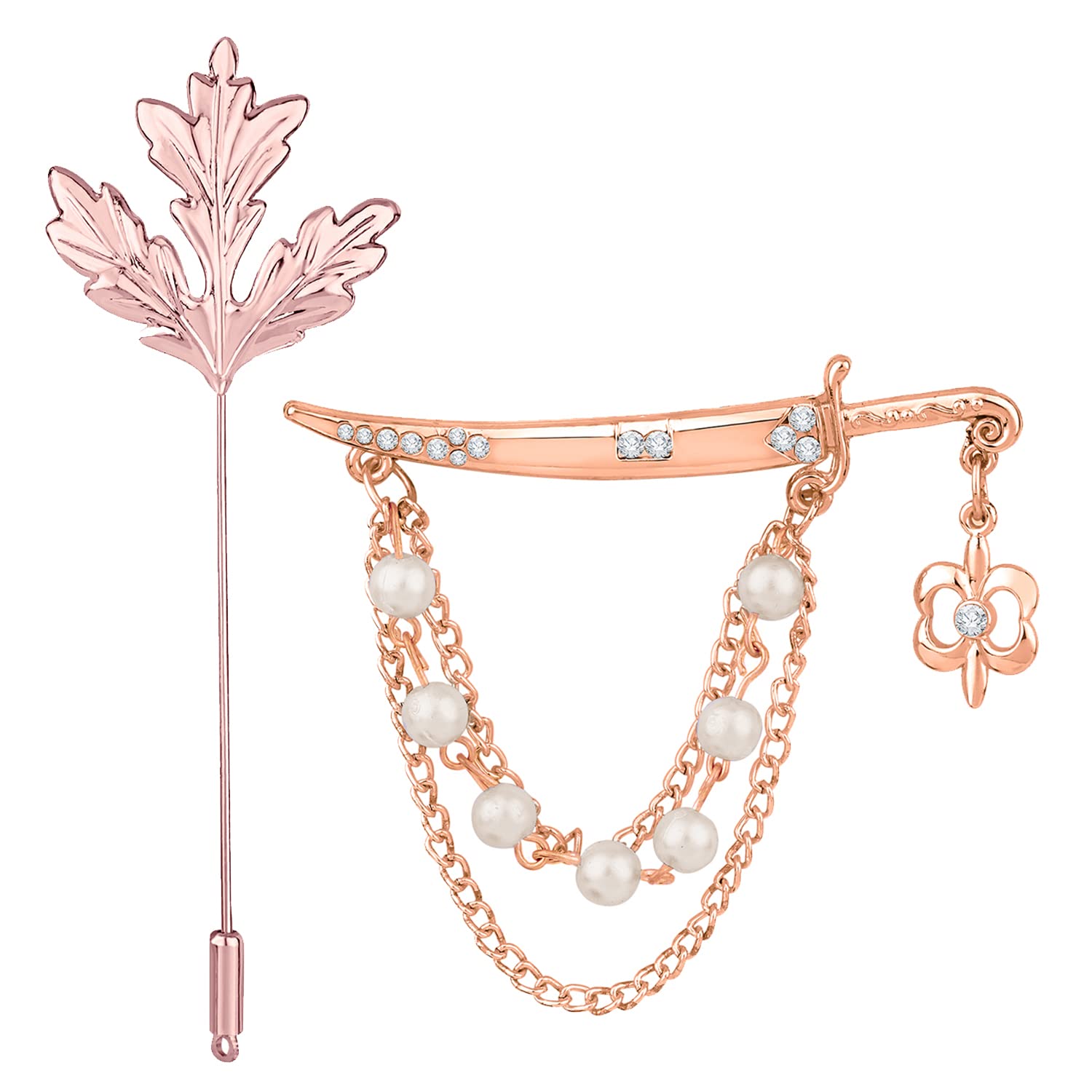 Mahi Combo of Mapel Leaf and Layered Chain Sword Shaped Wedding Brooch/Lapel Pin with White Crystals, Artificial Pearls for Men (CO1105484Z) (B0BKTF5QFJ) Amazon Price History, Amazon Price Tracker