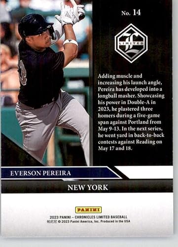 Miniatura 2 de 2023 Panini Chronicles Limited # 14 Everson Pereira New York Yankees Official Baseball Card in Raw (NM or Better) Condition