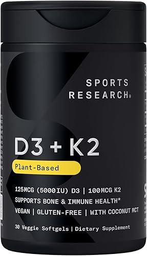 Sports Research Vitamina D3 + K2 con 5000 iu de D3 a base de plantas y 100 mcg de vitamina K2 como MK-7 | Verificado sin OMG y certificado vegano