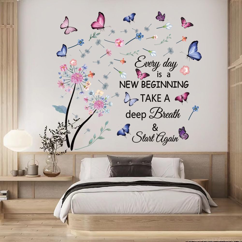 Flowers Wall Decals Removable Dandelion Wall Stickers Inspirational Quotes Flying Butterfly Wall Stickers Murals Self-Adhesive Peel and Stick Colorful Flower Wall Decor for Girls Bedroom Living Room