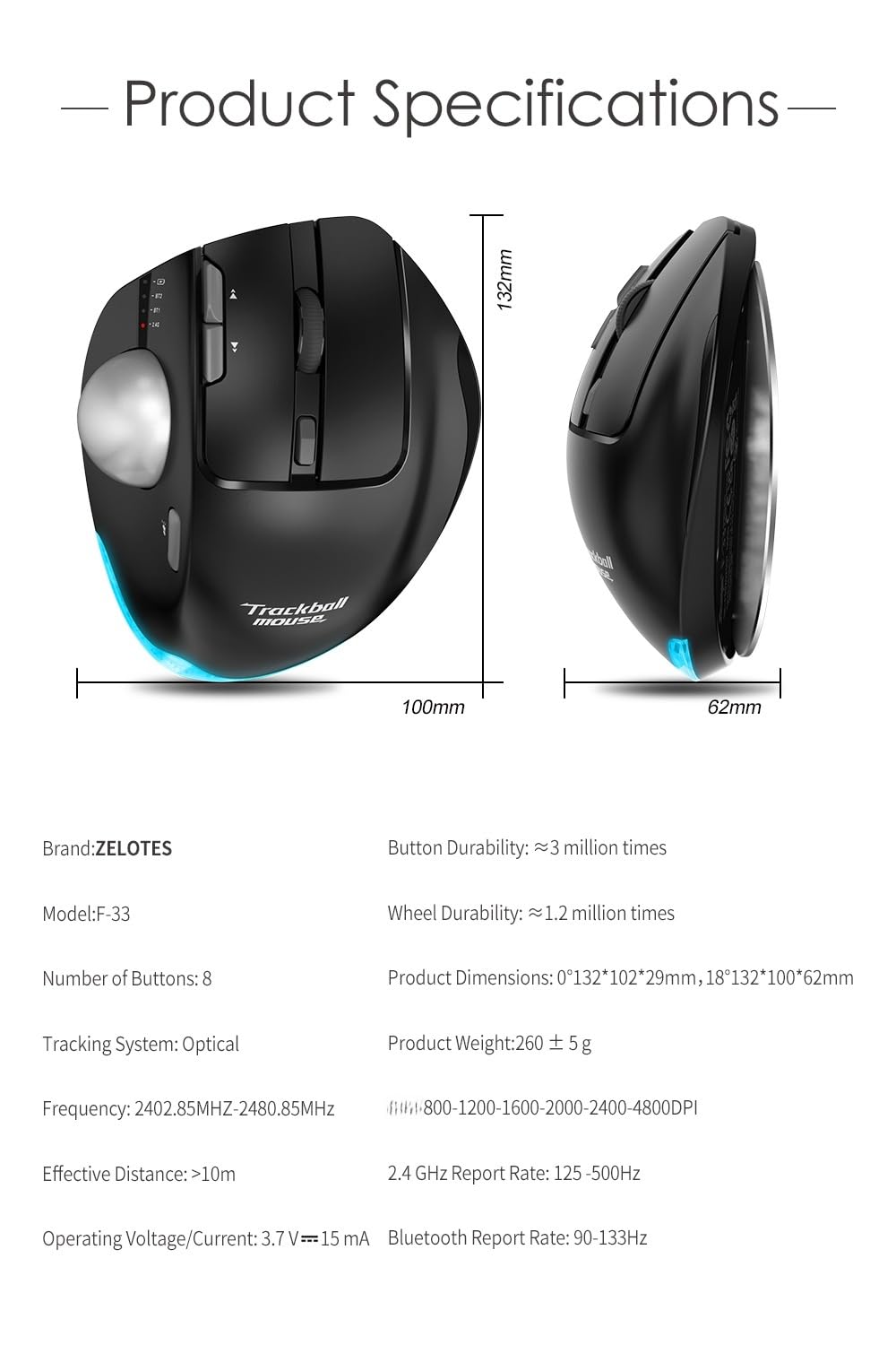 docooler F-33 Trackball bezprzewodowa mysz potrójny tryb BT do profesjonalnego projektanta graficznego 2D/3D Cross-creen CAD Drawing PS RGB z programowalnym regulowanym kątem myszy
