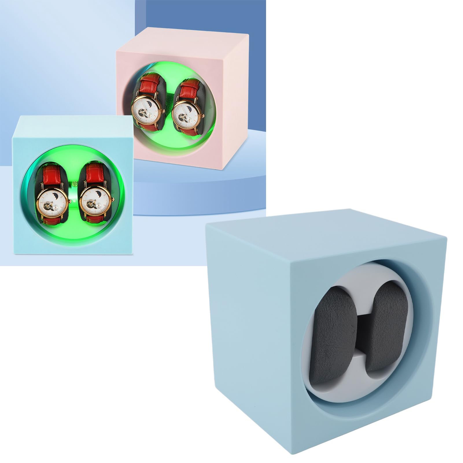 Enrollador de reloj automático doble con batería USB, 2 velocidades, funcionamiento silencioso ajustable, enrollador de reloj inteligente con luz LED (Azul claro)
