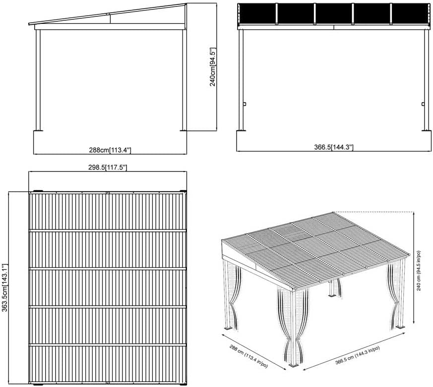 Technical drawing of the Sojag Portland Gazebo with front and side dimensions in inches and centimeters.