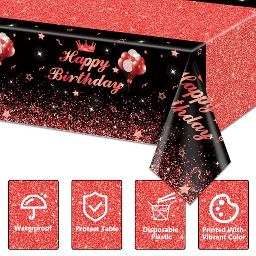 Image of 4 Pcs Happy Birthday Black and Red Party Tablecloths - Red Black Party Decorations Plastic Tablecloth Rectangular Table Covers for Boy Girl Baby Shower Birthday Table Supplies, 51 x 86.6 Inch
