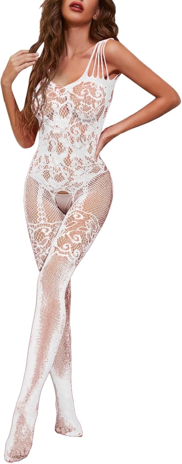 ALURA Women’s Sexy Lingerie Jumpsuit One-Piece, Fishnet Lace Mesh Bodysuit with Hollow-Out Design, Stretch Bodycon Nightwear for Bedroom, Clubwear or Special Occasions – One Size