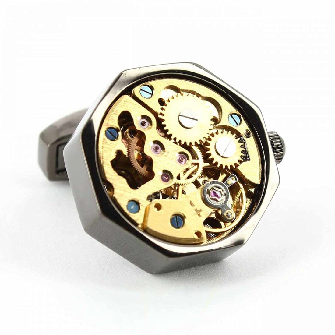 Tony & Paul. Boutons de manchette. mécanisme de montre Bernex, Acier rhodié. Gris platine - Fantaisie -