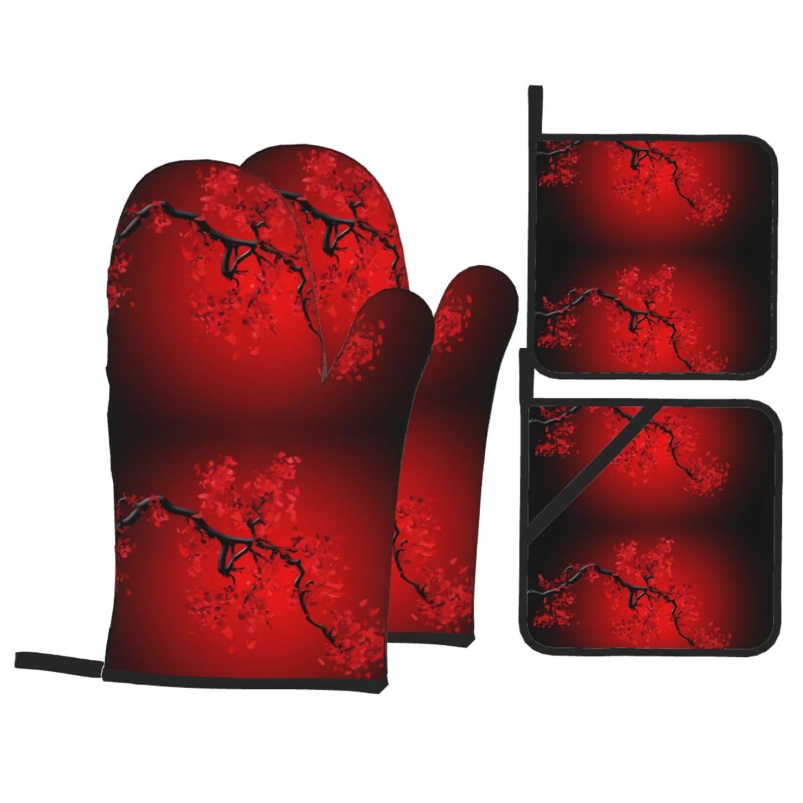 HJFCZH Red Cherry Blossom Prints Kitchen Throw Set: Durable Oven Layers with Waterproof Polyester – 4 Piece Heat Protection System