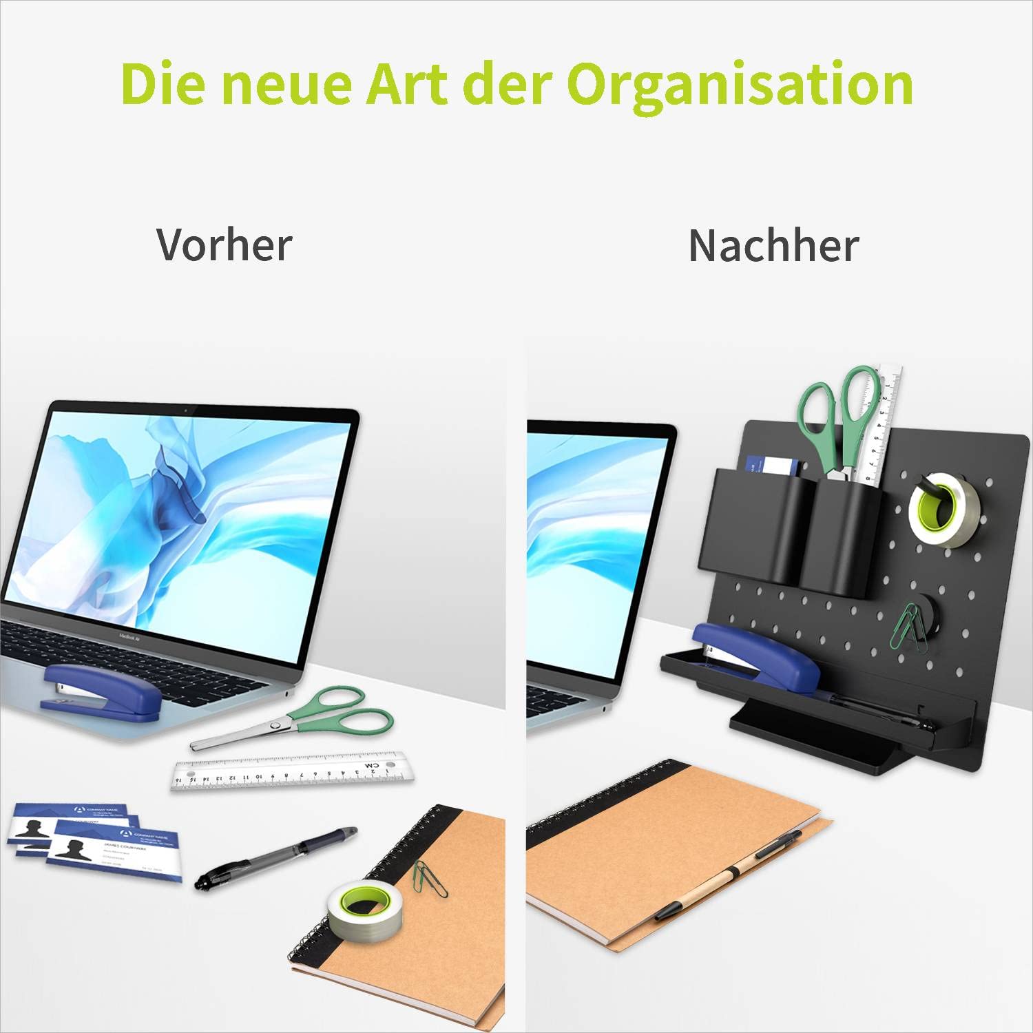ACROPAQ Schreibtisch Organizer - Premium Büro mit Stifthalter, Sortierfächer, Hacken und Magnet, Stecktafel 6 Aufsätzen, Individuell anpassen - Schwarz, DO01