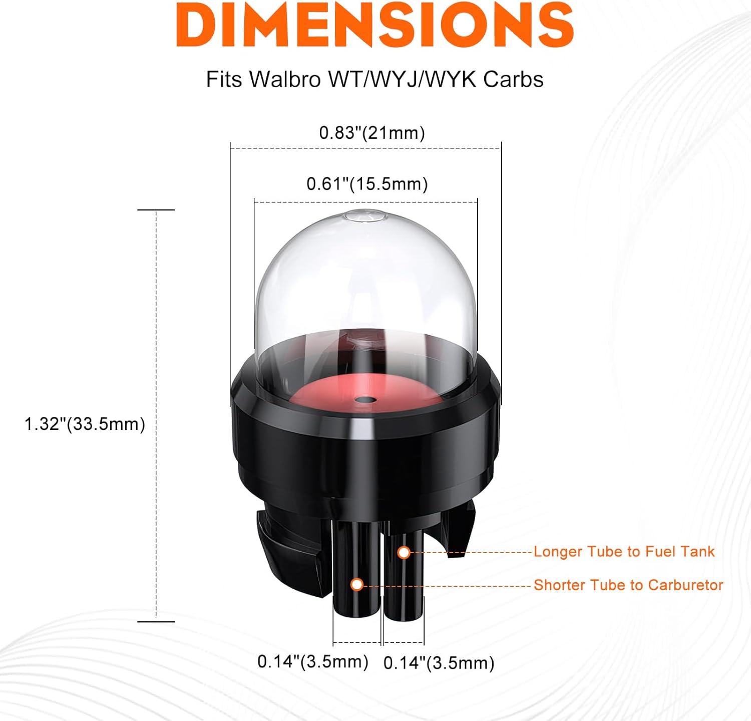 Diagram showing the dimensions of the primer bulb: 0.83 inches (21mm) diameter, 0.61 inches (15.5mm) height, and 1.32 inches (33.5mm) overall length. It also labels the longer tube to fuel tank and shorter tube to carburetor.