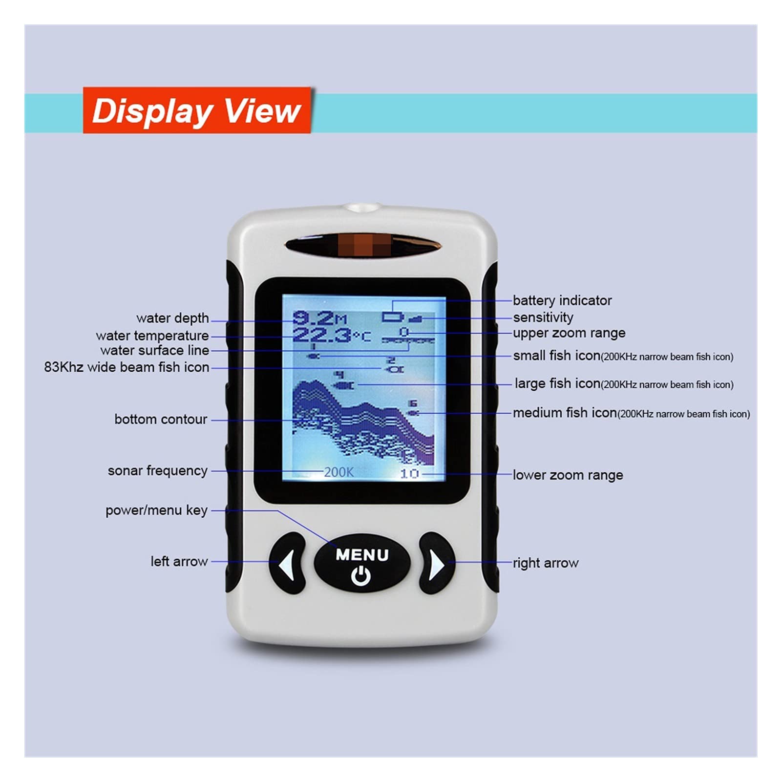 Buscador de Peces, 2. " LCD Finder portátil de Pescado al Aire Libre 200kHz / 83kHz Dobsar Doble Sonar 100M Detector for Pesca con Hielo