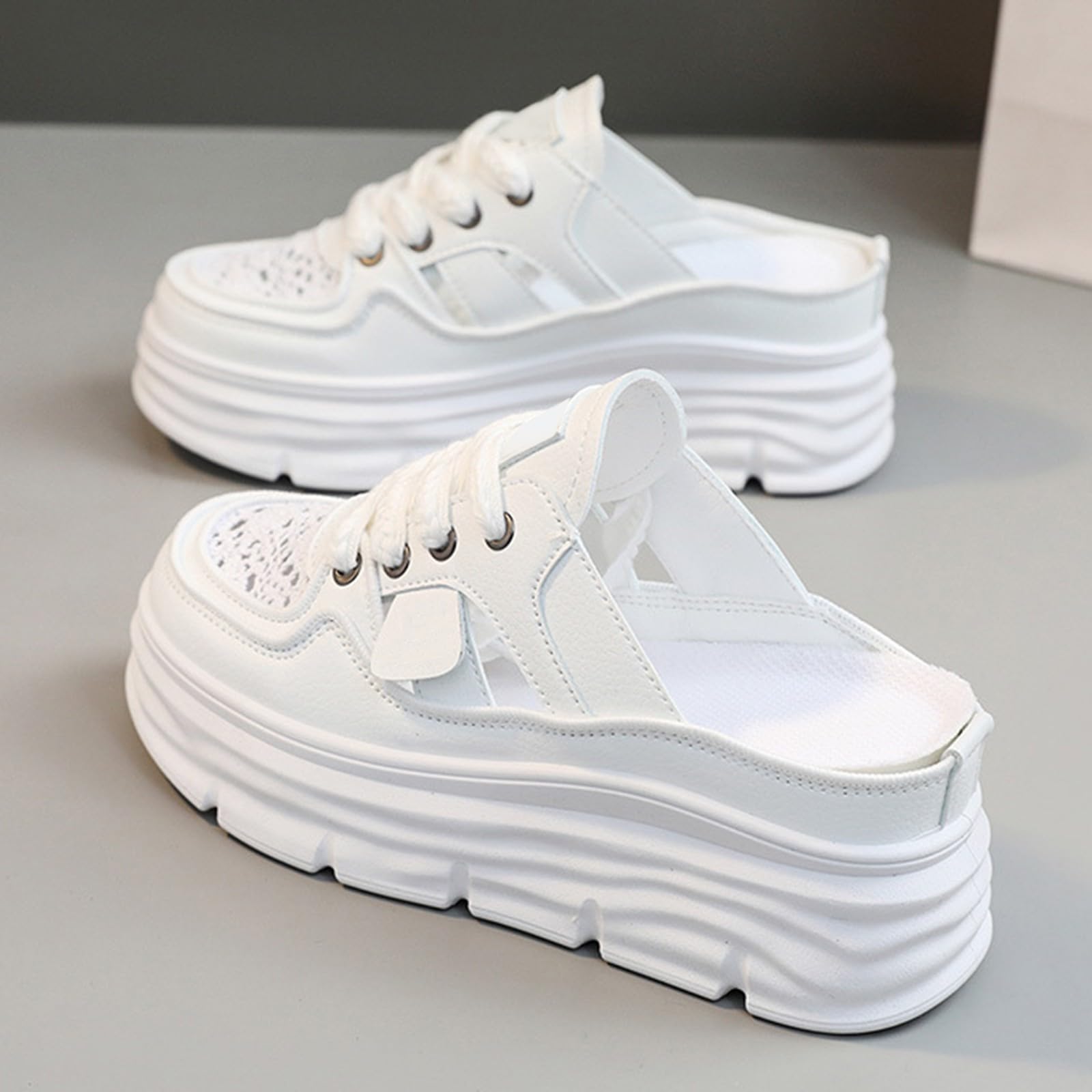 Generico Zapatillas de deporte mujer verano lona - Sandalias mujer cerradas delante y abiertas detrás sandalia plataforma con cordones zapatillas punta redonda patrón perforado zapatos ligeros y