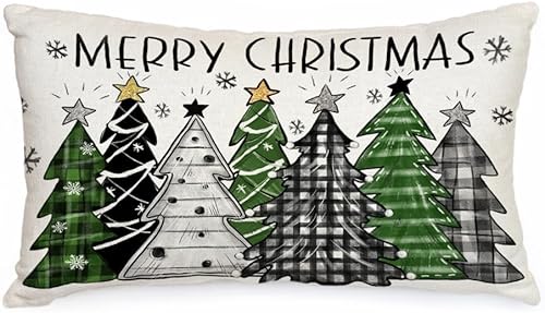 AACORS Funda de almohada de Navidad de 12 x 20 pulgadas, decoración de árboles de Navidad coloridos de búfalo, decoración de casa de campo,