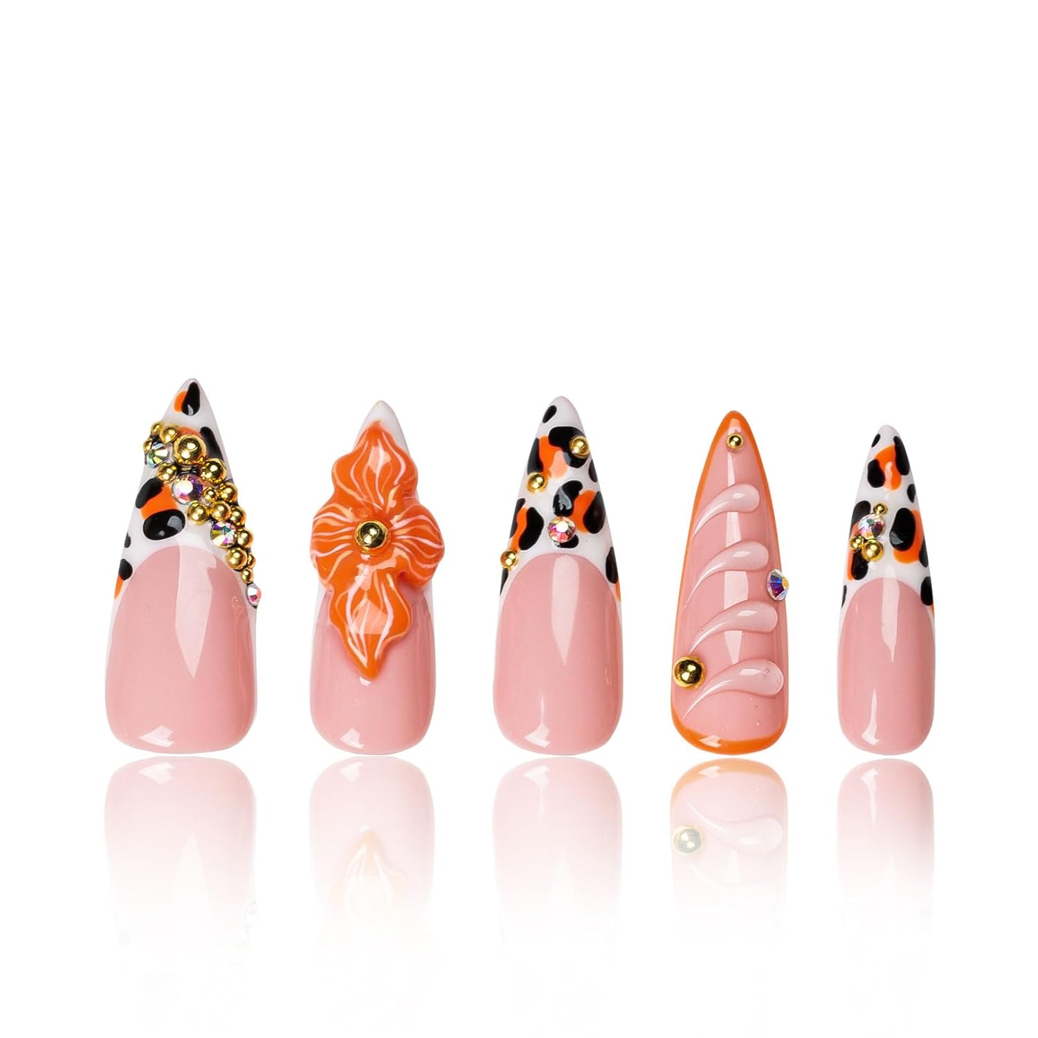 LOVFUL Press on Nails Tropical Sunset | Handmade with Full Covered Crystals | Reusable Full Cover Nails | Stiletto Classic Regular 1.3 in | H374-S