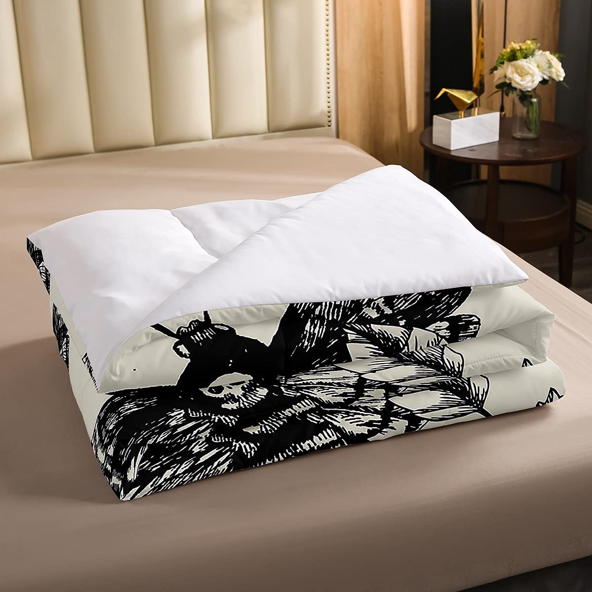 Piumino con teschio gotico insertativo e tarme morte e fiori, 230x220cm per bambini adolescenti adulti traspirante ossa scheletrate piumone nero crema