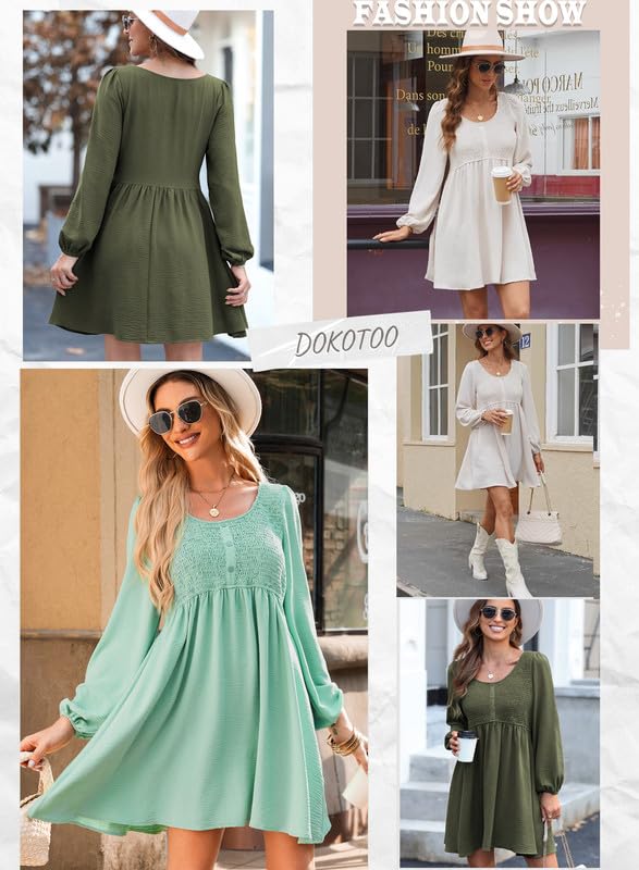 Image of Dokotoo Fall Dresses for Women 2026 Casual Long Sleeve Mini Dress | Smocked Crewneck, Button Up, Empire Waist, A-Line Hem, Solid Color, Floral Pattern