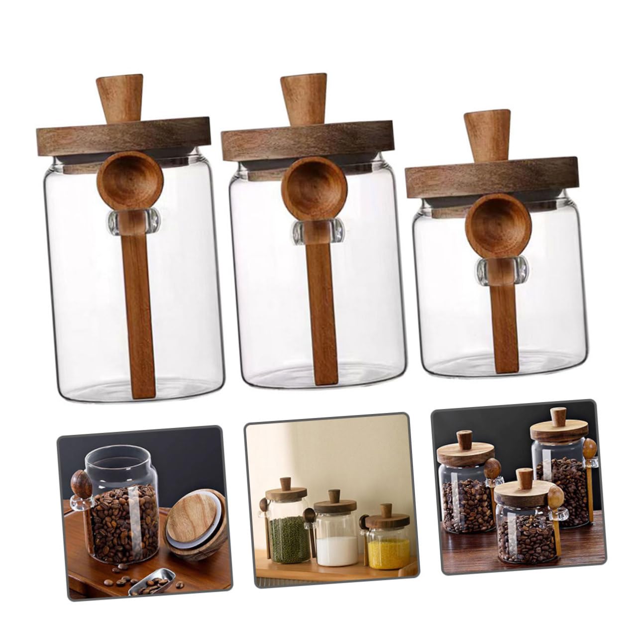 Gewürzbehälter 3 Stück aus Glas mit Holzdeckel und Löffel Luftdicht | Inhalt 850/550/400ml, Drei Größen, für Küche, Restaurant, Platzsparend, Schlichtes, Modernes Design