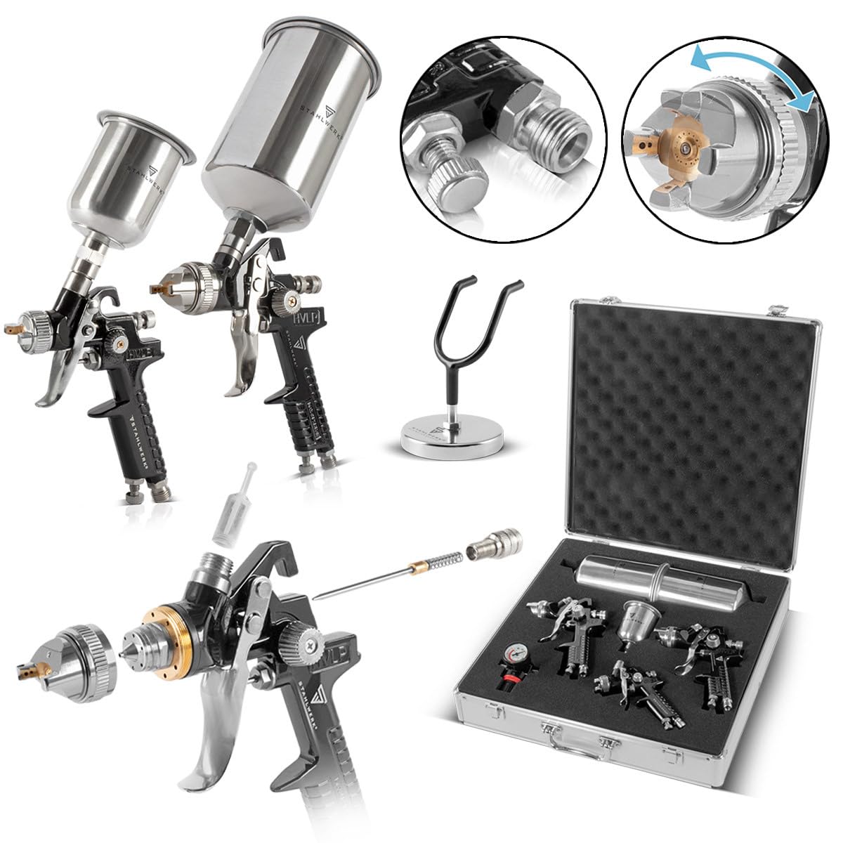 STAHLWERK HVLP Lackierpistolen 3er Set SGS-1125 ST – 21-teilig | Druckluft-Lackierpistolen mit Düsensatz 0,8/1,4/1,7 mm, inklusive Lackierpistolen-Halter