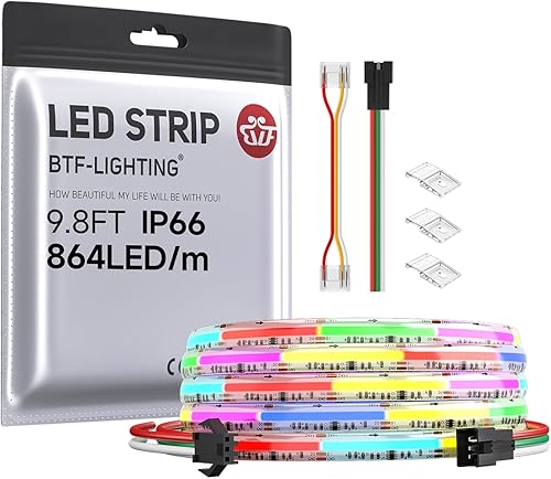 BTF-LIGHTING FCOB RGB WS2811 IC Direccionable Tira LED DC24V 3m 864LEDs/M 26W/M 12mm Blanco PCB Color de Persecución LED