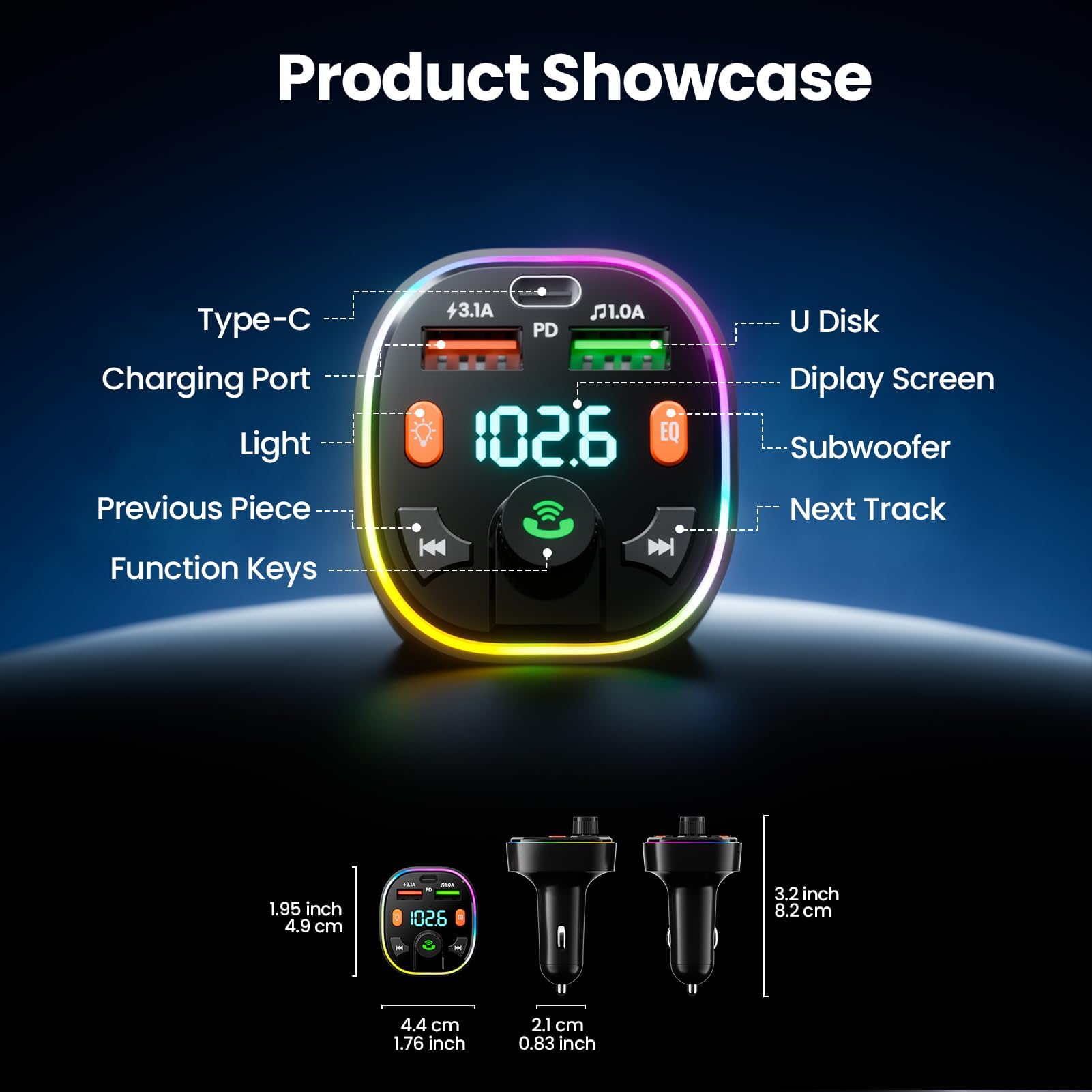 GlasFlength Transmiter FM Auto Bluetooth, adapter do radia samochodowego z zestawem głośnomówiącym PD 20 W i Typ-C QC 3.0 Bass & Hi-Fi Stereo szybkie ładowanie z niebieskim światłem otoczenia
